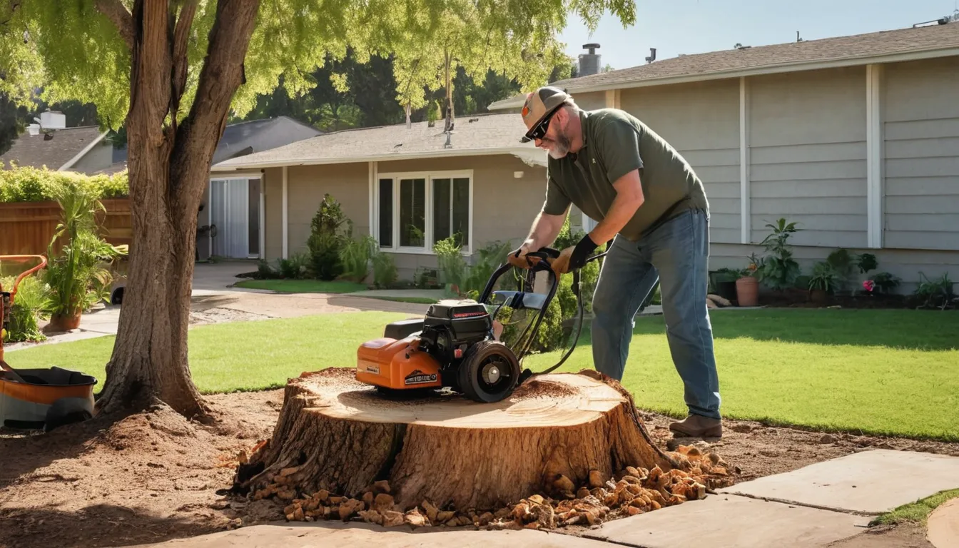 A local stump grinding provider working in a residential backyard near Roseville